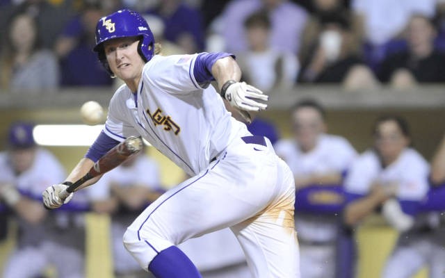 Andrew Stevenson went 4-for-6 with a run scored in LSU's win. Photo by Madeline VeZain courtesy LSU Tigers Athletics