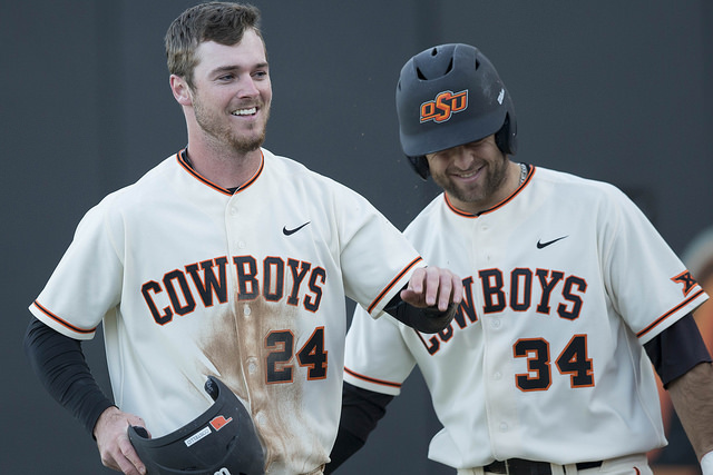 Oklahoma State's Connor Costello went hitless, yet scored twice in late inning win. Photo courtesy OSU Athletics/Bruce Waterfield
